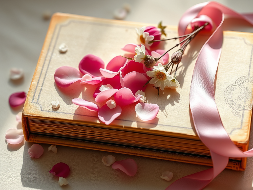 Flat lay of pink rose petals, white blossoms, and a soft pink ribbon styled atop a vintage book, evoking luxury, romance, and the visual elegance behind Minji’s K-pop branding campaign.
