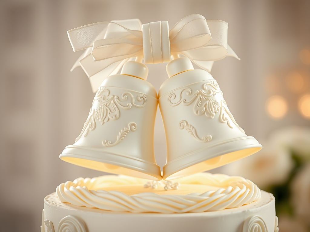 Close-up of two decorative wedding bells with a white ribbon, placed on a wedding cake against a softly blurred background, symbolizing celebration, romance, and timeless elegance.