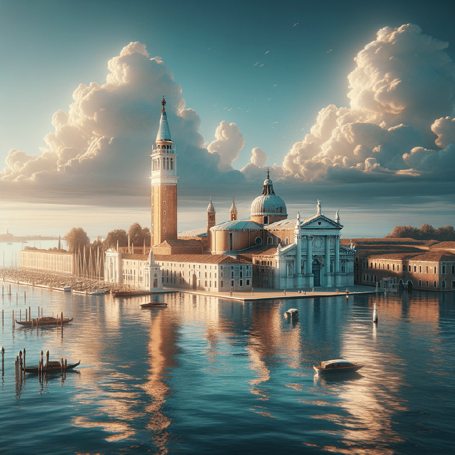A scenic view of the San Giorgio Maggiore island in Venice, Italy, featuring historical architecture and boats on a tranquil water surface reflecting clouds and blue skies.
