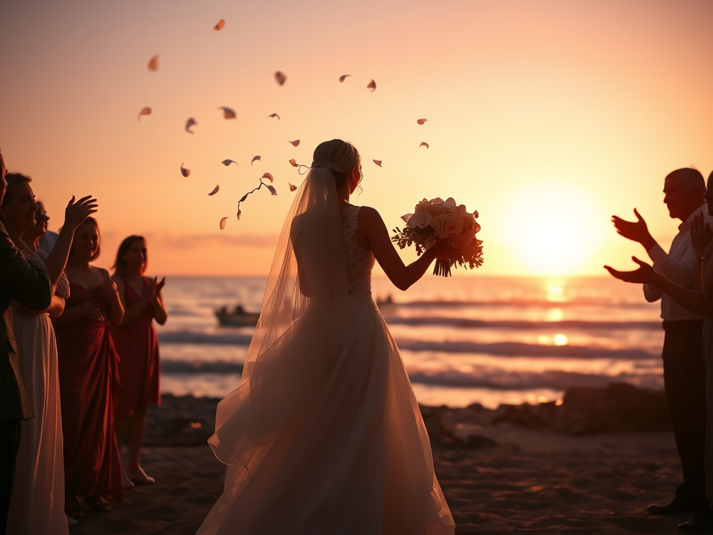 A bride in a stunning wedding dress stands on the beach at sunset, holding a bouquet of flowers, as guests applaud and flower petals drift through the air.