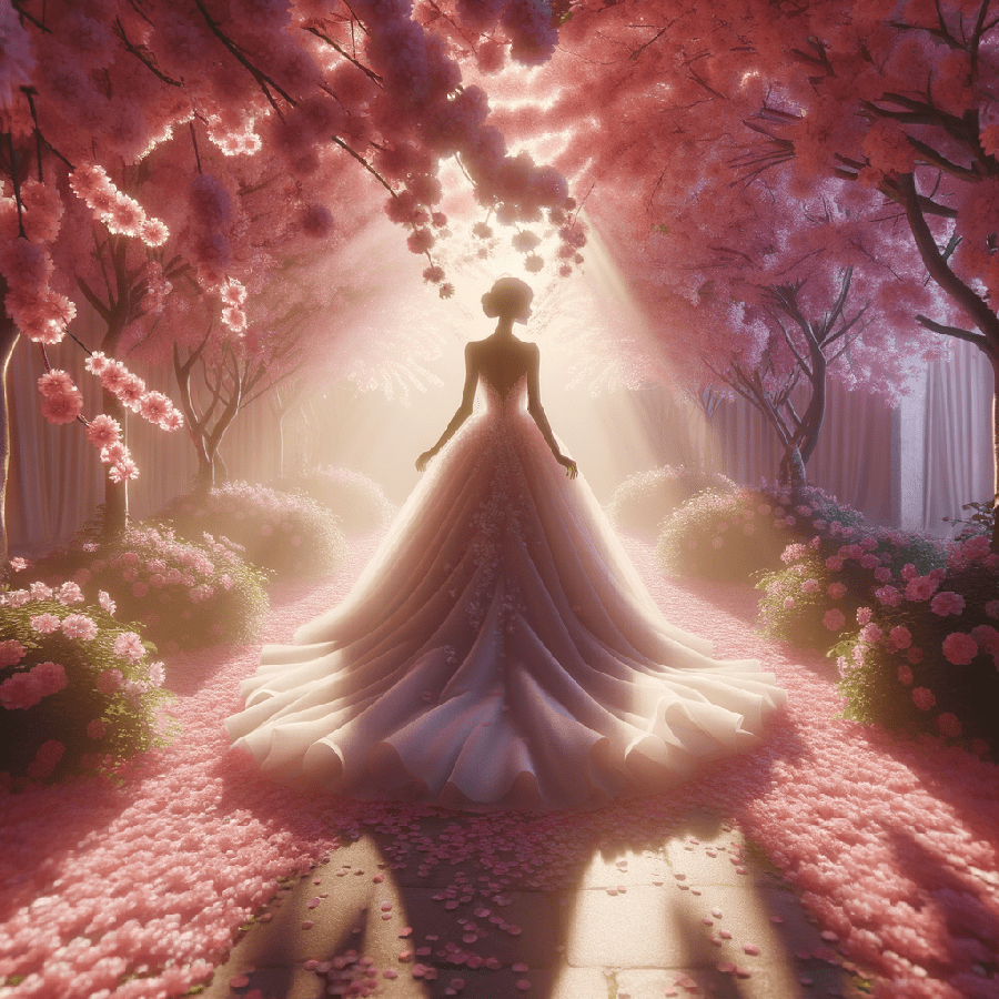A bride in a stunning wedding dress stands in a dreamy floral pathway bathed in soft light, surrounded by blooming trees and flower petals.