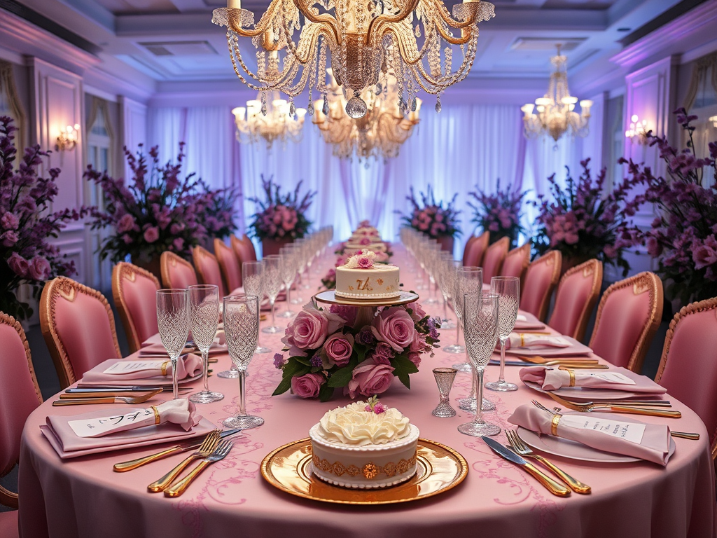 An elegantly set long dining table for a wedding reception, featuring pink tablecloth, ornate pink chairs, and crystal glassware. The table is decorated with fresh roses and a multi-tiered cake as the centerpiece, all under a beautifully designed chandelier.