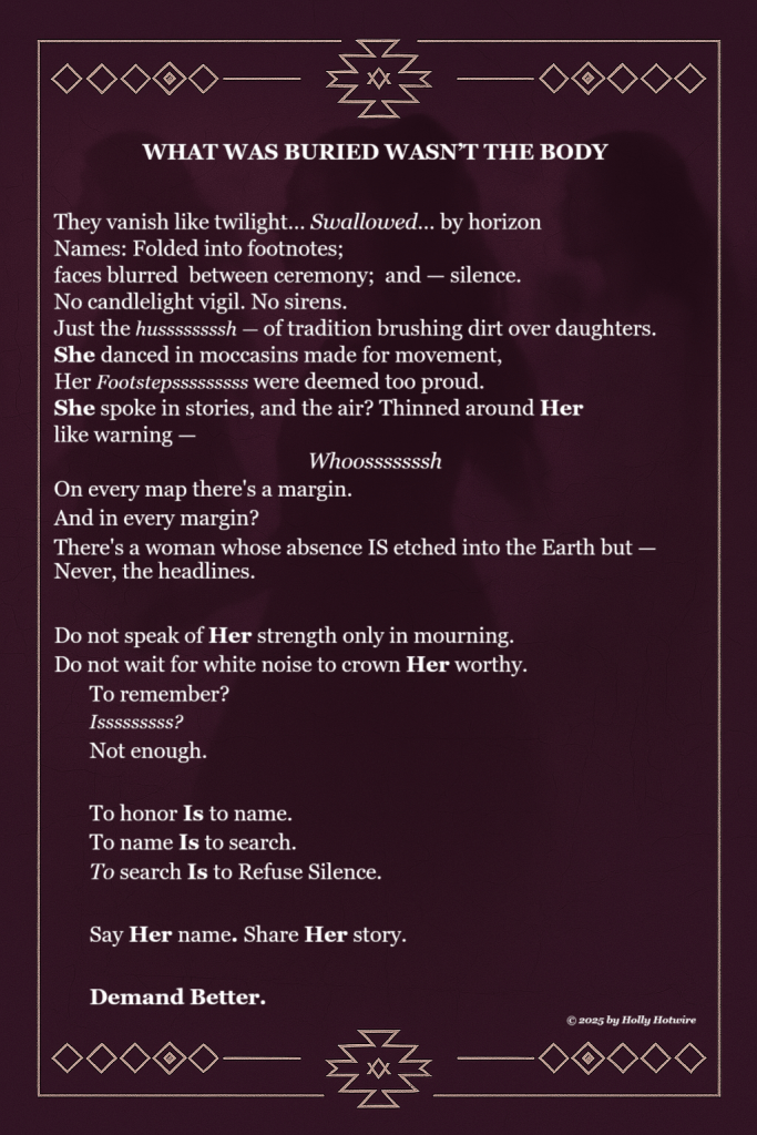 Poem image honoring Missing and Murdered Indigenous Women (MMIW); spectral text overlays on somber background evoke erasure, ancestral resilience, and ritual protest. Verses speak of moccasins, margins, twilight disappearance, and refusal to silence.