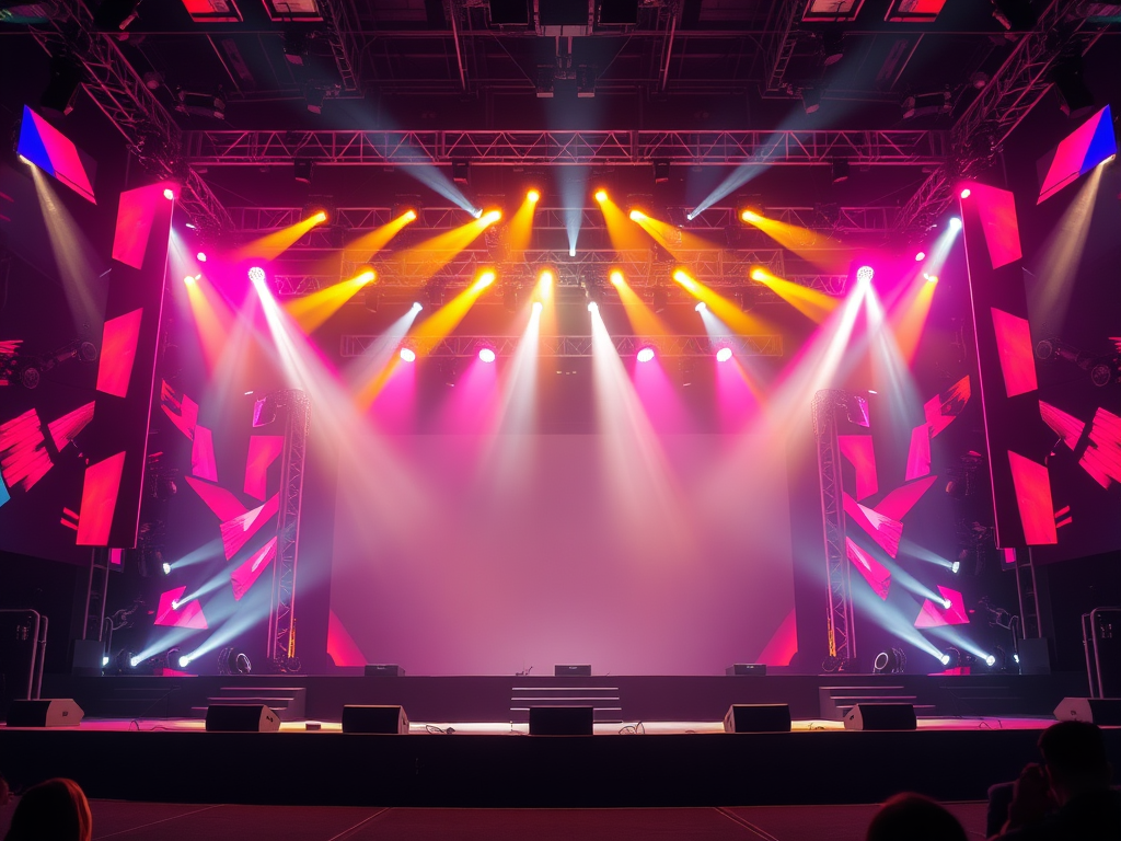 Colorful K-pop Stage Setup for Live Performance A vibrant concert stage illuminated with pink, yellow, and white lights, designed for a live K-pop performance. The setup includes a central blank screen for visuals and professional sound equipment in the foreground, ready for showtime.