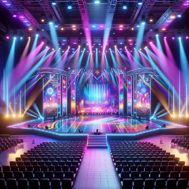 Vibrant Concert Stage with Colorful Lighting and Dazzling Backdrop A high-energy performance stage featuring vivid pink, yellow, and white lights, a polished dance floor, and a visually striking backdrop. Empty audience seating is arranged in front, ready for a live K-pop event or music showcase.