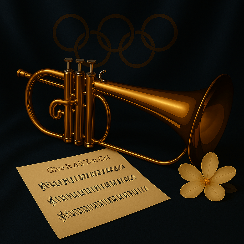 A weathered wooden bench sits against a textured, off-white wall. Centered on the bench is a flugelhorn resting upright, its polished brass surface catching ambient light with a muted gleam. Draped casually beside it, a dark jacket adds contrast and a note of stillness. The composition is quiet and reverent—no people present—suggesting absence, memory, and the intimate residue of performance.