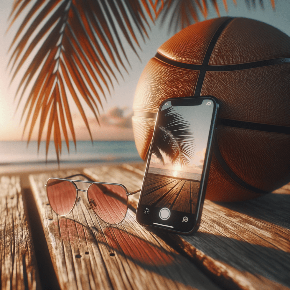 A pair of sunglasses lies next to a basketball on a sunlit boardwalk, with a soft coral sky and silhouetted palm fronds casting shadows; the corner of a glowing phone screen hints at a cropped selfie, evoking summer intimacy and celebrity mood without showing faces.