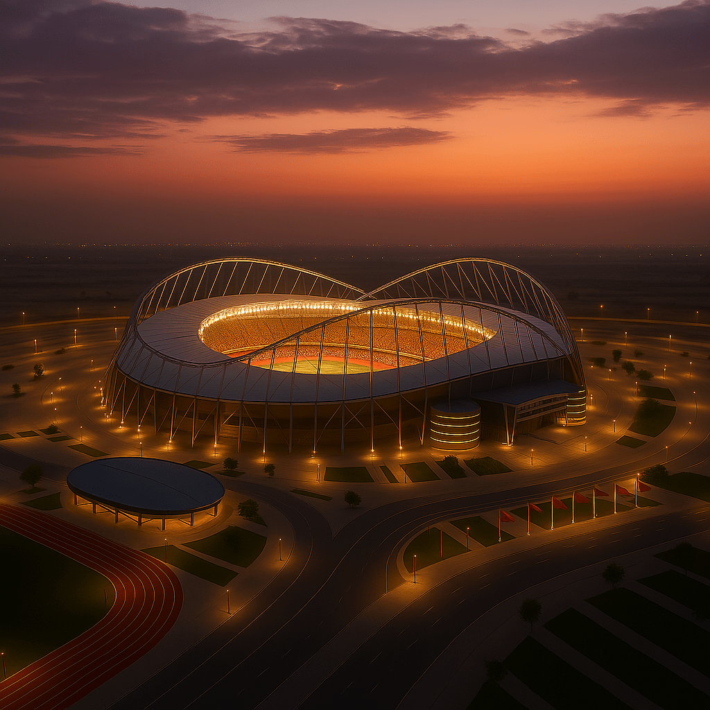 Twilight view of an illuminated Olympic track with soft plum and maroon skies overhead. Floodlights cast geometric shadows across the curved lanes, while minimalist flags ripple gently in the breeze. No figures or structures in sight—just atmospheric depth, warm tones, and a sense of motion and readiness.