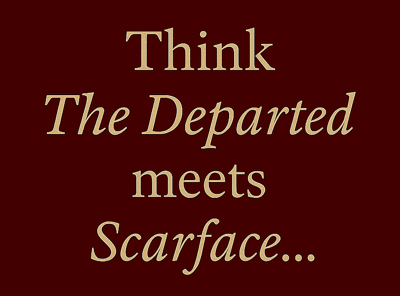 Stylized quote card reading “Think The Departed meets Scarface” — cinematic typeface on deep background evokes genre collision, ancestral tension, and Scorsese’s Hawaiian mob saga.