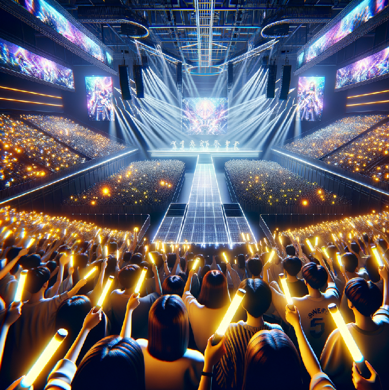 A vibrant concert scene featuring a large audience holding light sticks, illuminated by stage lights and a large screen, showcasing a performance in a packed arena.