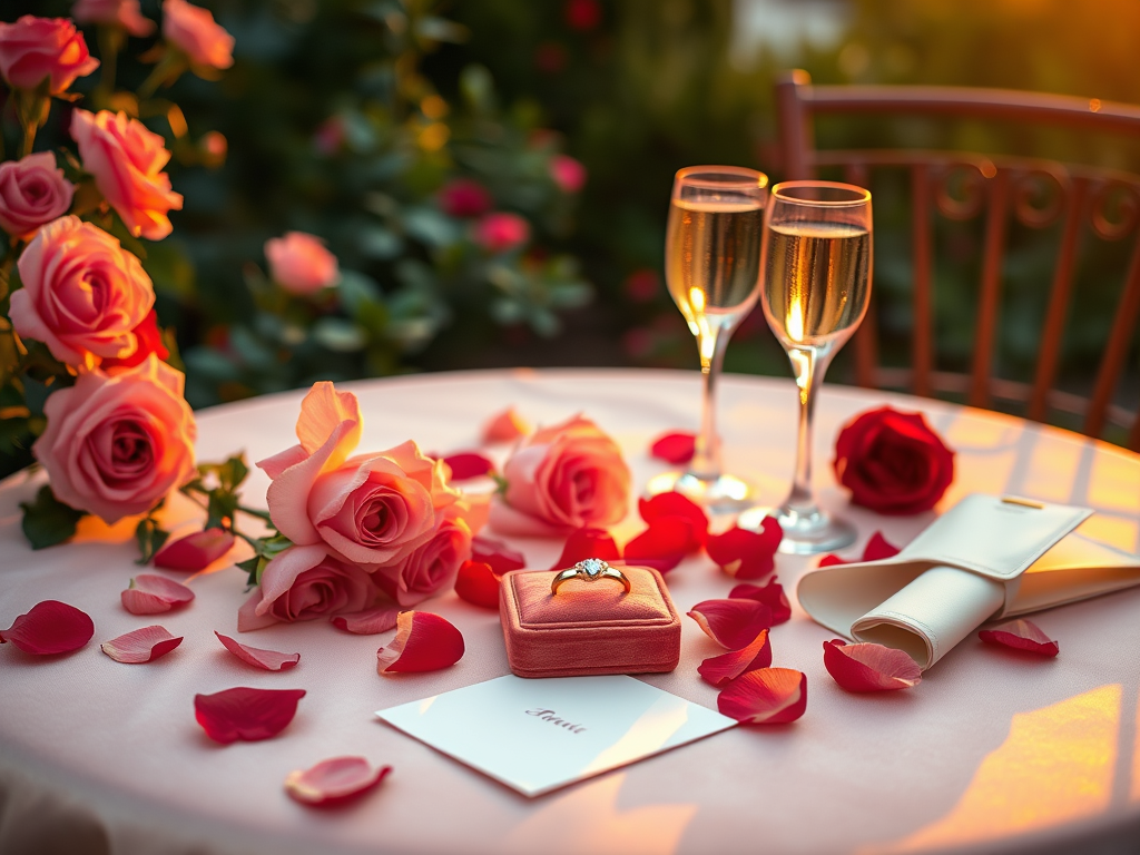 Romantic garden proposal scene with pink and red roses, champagne flutes, scattered petals, and an open velvet ring box. A folded note and untouched glasses suggest a moment that was confirmed quietly and intentionally. The setting is soft, beautiful, and emotionally charged.