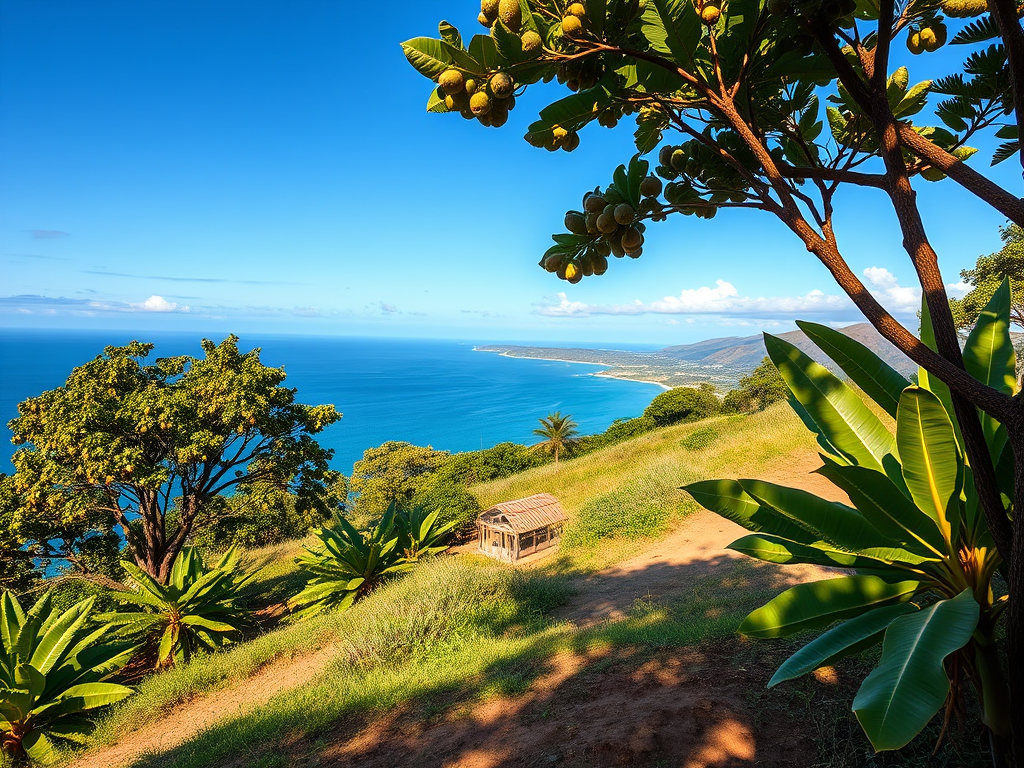 Ocean-facing hillside lined with macadamia trees on Hawaii’s Big Island, reflecting Roseanne Barr’s listed estate and its blend of orchard acreage, coastal views, and reality TV legacy.
