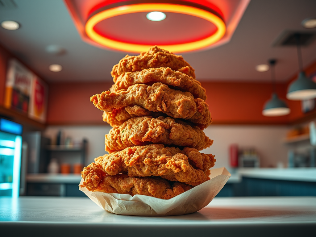 Towering crispy chicken sandwich on butcher paper, photographed inside a modern fast-casual restaurant with warm lighting and red-orange accents, evoking comfort food, franchise scale, and cultural relevance without branding.