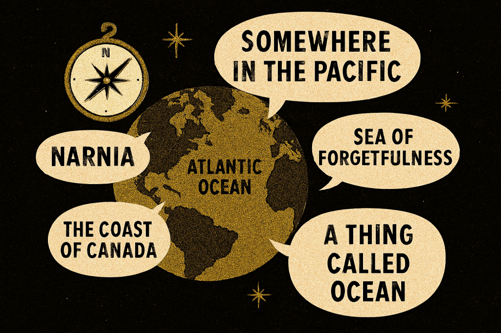 Distorted globe surrounded by speech bubbles like ‘NARNIA,’ ‘SEA OF FORGETFULNESS,’ and ‘A THING CALLED OCEAN,’ with a spinning compass rose—illustrating a worldview where geography dissolves into abstraction and memory becomes mood.