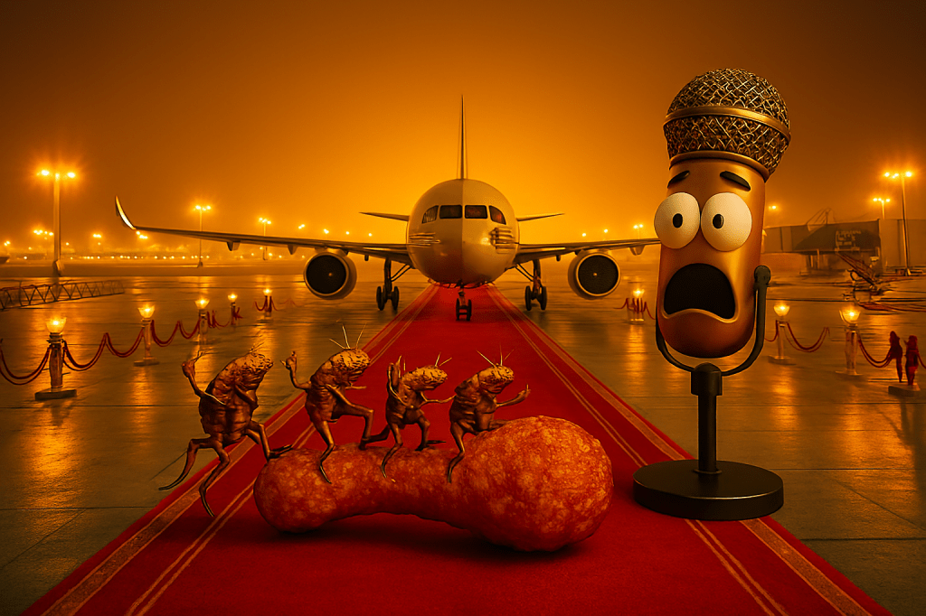 A cartoon microphone looks shocked while standing on a red carpet in an airport setting, with a giant chicken drumstick nearby and anthropomorphized insects dancing around it, illuminated by soft orange lights.
