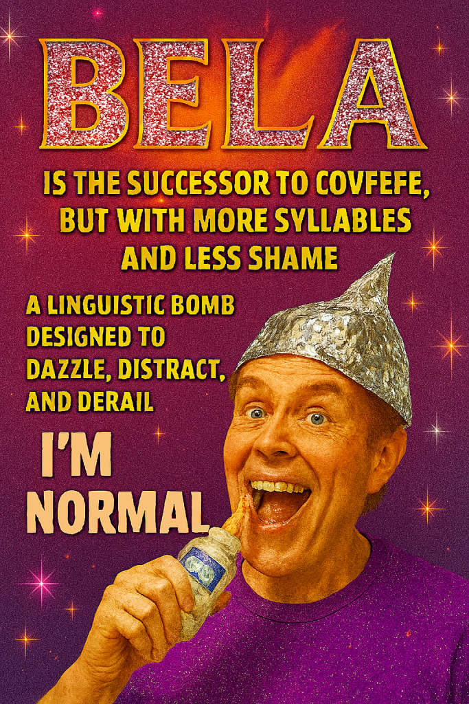 Trump flanked by JD and Karoline, each clutching a mic like it owes them hush money — backdrop of glitter, denial, and Sharpie metrics.