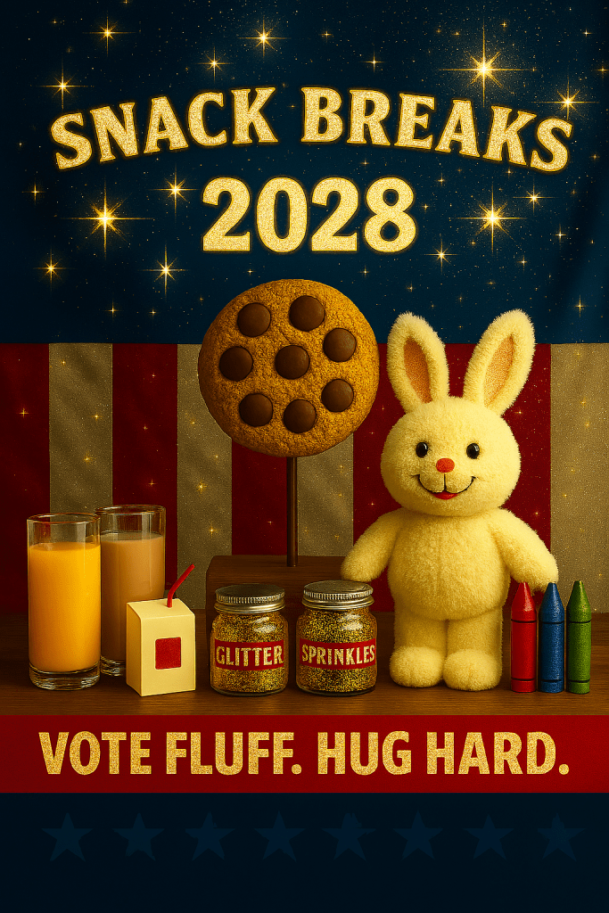 Snack Breaks 2028 campaign poster, featuring a cookie, a stuffed bunny, juice drinks, glitter and crayons.