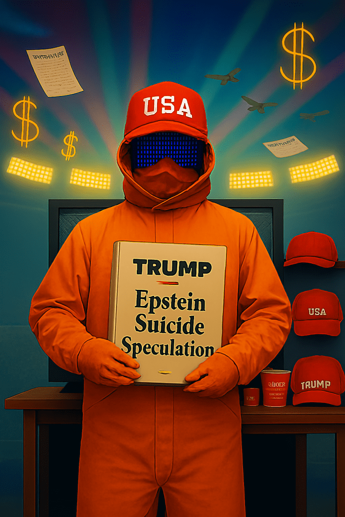 Hazmat figure with binder labeled ‘TRUMP Epstein Suicide Speculation’ amid stadium lights.