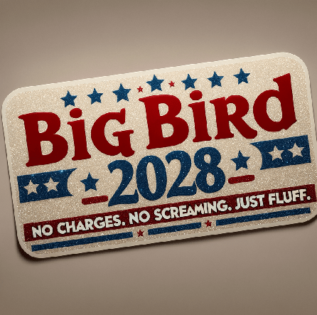 A decorative sign reading 'Big Bird 2028' with a slogan underneath stating 'No charges. No screaming. Just fluff.' in a colorful design.