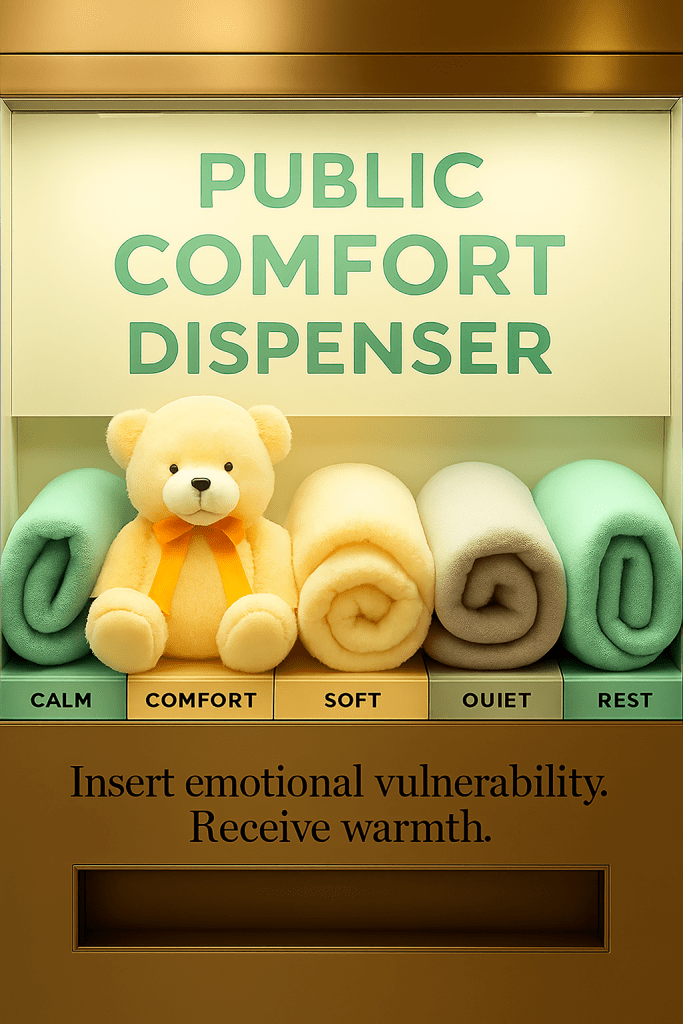 A whimsical public comfort dispenser featuring a plush teddy bear and rolled blankets labeled 'CALM', 'COMFORT', 'SOFT', 'QUIET', and 'REST', with text instructing to insert emotional vulnerability to receive warmth.