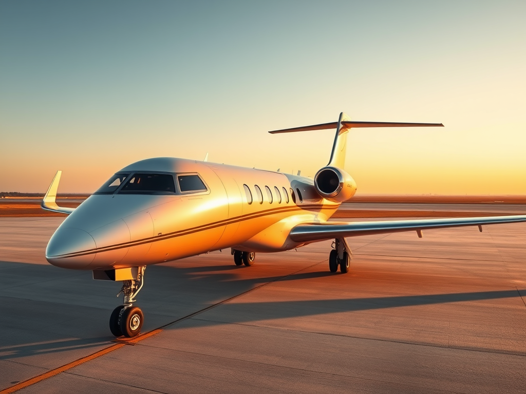 Sleek private jet on a minimalist runway at sunset. Unbranded, polished, and bathed in warm light. A visual echo of celebrity jets as identity architecture at 30,000 feet.