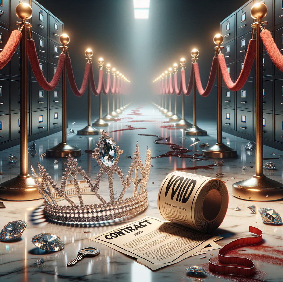 Glamour and prestige were weaponized to conceal a system of exploitation. It uses stark, symbolic elements—like a shattered tiara and barbed velvet ropes—to expose the hidden machinery behind Trump’s pageants and modeling empire, reinforcing the narrative of control, silence, and abuse masked by luxury.