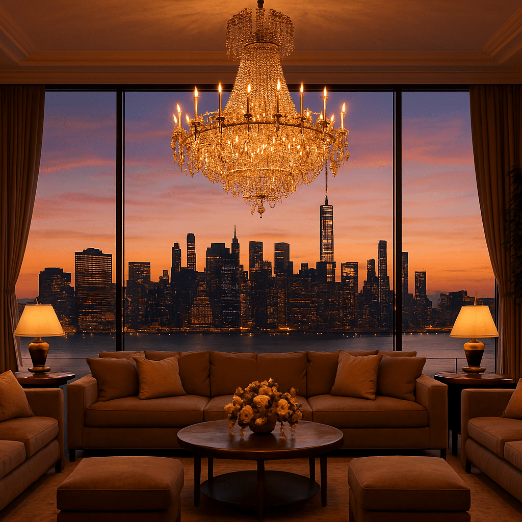 Luxurious living room with a chandelier and panoramic view of a city skyline at sunset.