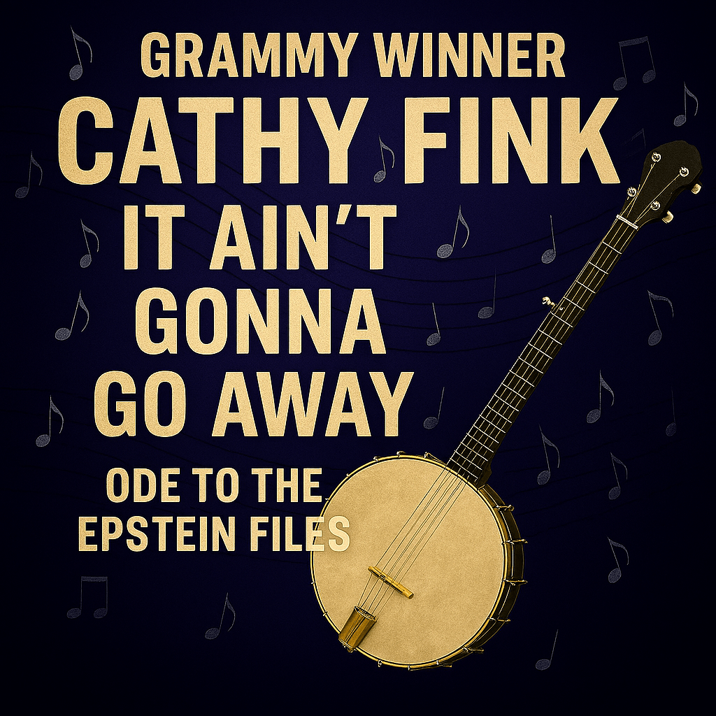 Promotional graphic for Grammy-winning musician Cathy Fink’s song “It Ain’t Gonna Go Away: Ode to the Epstein Files,” featuring bold golden text, floating silver music notes, and a detailed five-string banjo on a deep purple background.