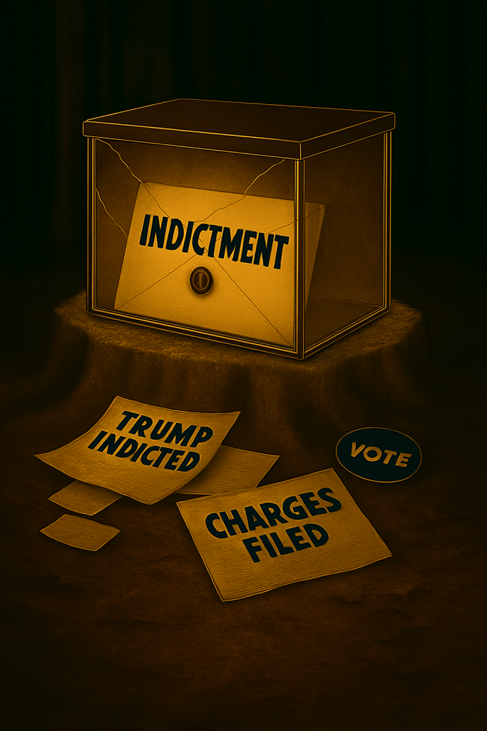 A glass box containing an envelope labeled 'INDICTMENT' sits prominently, surrounded by papers that read 'TRUMP INDICTED' and 'CHARGES FILED', along with a 'VOTE' button.