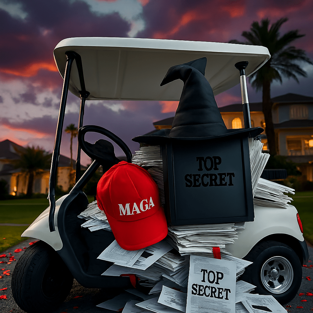 View of Mar-a-Lago at sunset, with glowing redactions superimposed, a golf cart trailing confetti and subpoenas, and a MAGA hat parked in plain sight.
