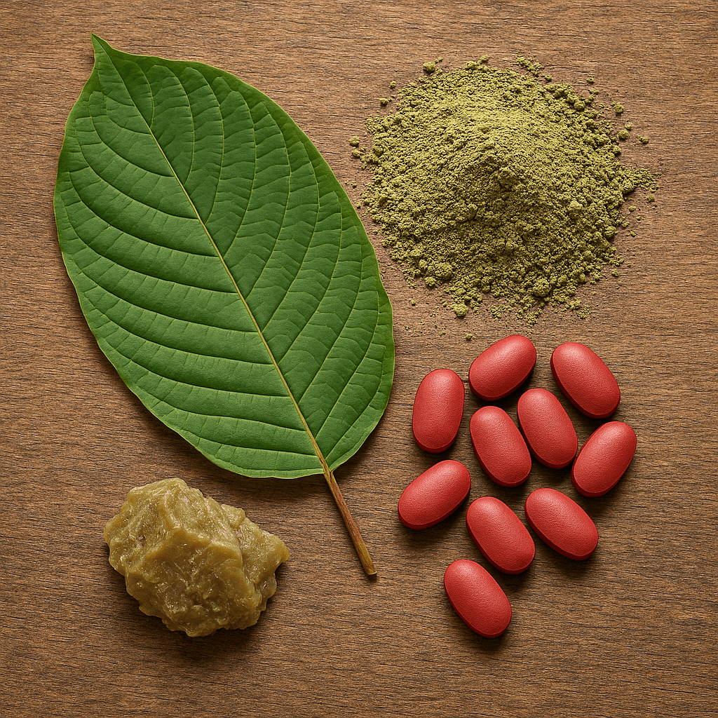 A vivid close-up of kratom leaf, powdered kratom, red pain relief tablets, and beige kratom resin arranged on a wooden surface, representing the raw and processed forms often associated with 7-hydroxymitragynine, a controversial compound used for chronic pain relief and sold in gas station products.