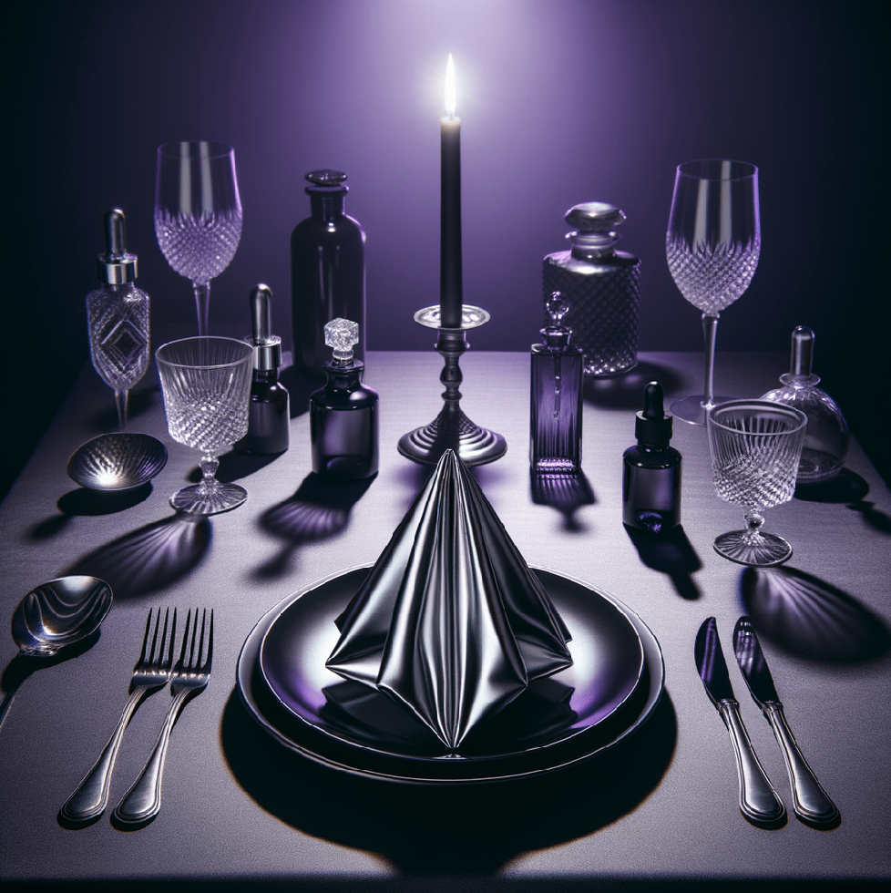 Silver SKIMS face wrap folded like napkin origami on black plate, surrounded by vintage cutlery, crystal glassware, and apothecary-style skincare bottles under moody violet lighting. Cinematic dinner scene evokes Hannibal Lecter, Silence of the Lambs, and viral skincare fashion.