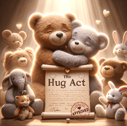 A collection of cuddly teddy bears and soft toys gathered around a scroll titled 'The Hug Act,' with one bear and one rabbit prominently hugging each other, surrounded by hearts and warm light.