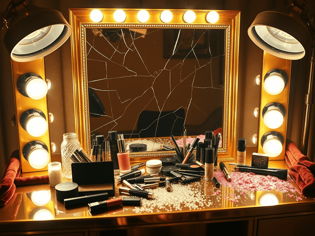 Gold Hollywood vanity table under studio lights with cracked mirror, scattered makeup, and spilled glitter, symbolizing the fractured glamour of celebrity culture.