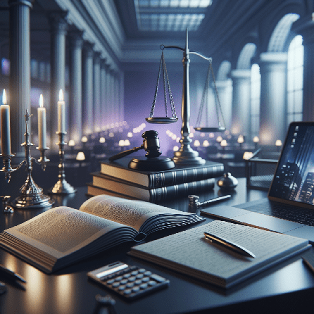 Cinematic desk scene with open law books, handwritten notes, glowing laptop, and subtle scales of justice in the background. Cool-toned lighting in silver, purple, and blue reflects Kim Kardashian’s legal journey, bar exam prep, and prison reform advocacy.