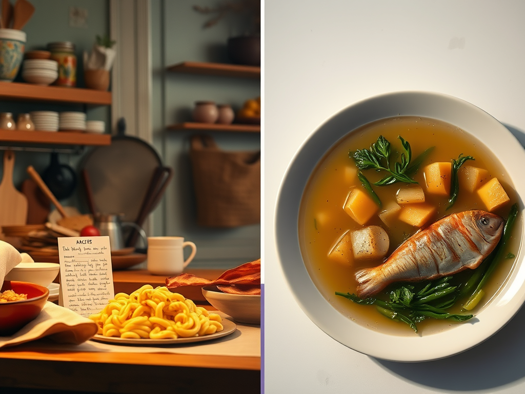 Split image showing comfort food on one side and restrictive meals on the other, illustrating Hollywood’s flavor divide between emotional nourishment and optics-driven diets.