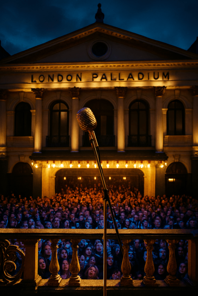 Lone microphone on the London Palladium balcony—Rachel Zegler’s haunting setup for “Don’t Cry for Me Argentina” evokes Eva Perón’s iconic address, spotlighting her breakout performance in Evita.