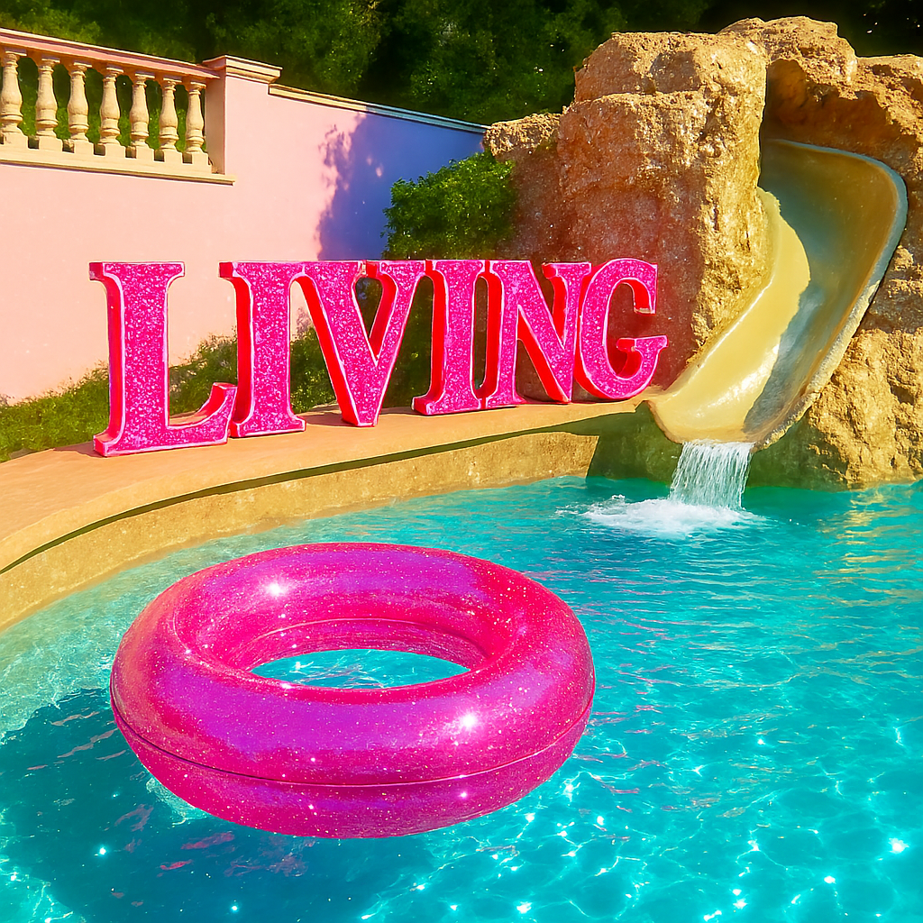 Glitter-drenched poolside scene with a sparkling pink inflatable ring floating in turquoise water, set against a faux-rock waterfall slide and oversized rhinestone letters spelling “LIVING,” a maximalist visual flex on joy, resilience, and luxury lifestyle branding.