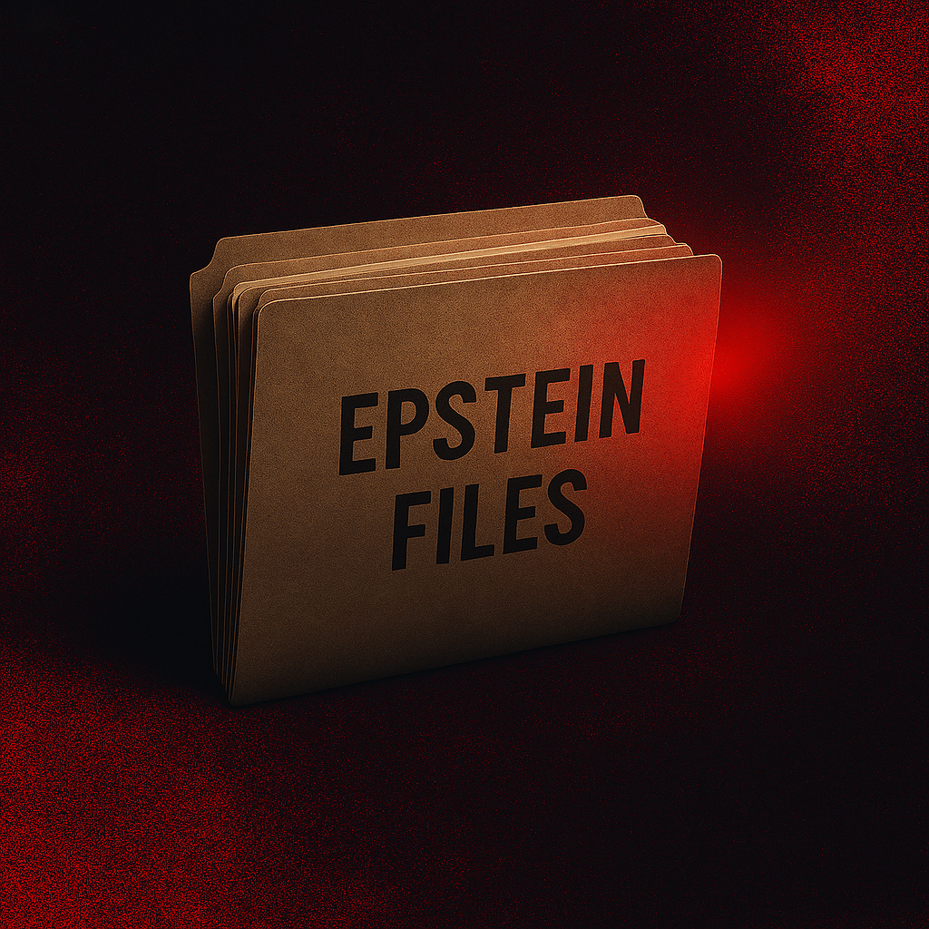 Stack of manila folders labeled “Epstein Files” with red light glowing from within, set against a dark textured background symbolizing secrecy and controversy.