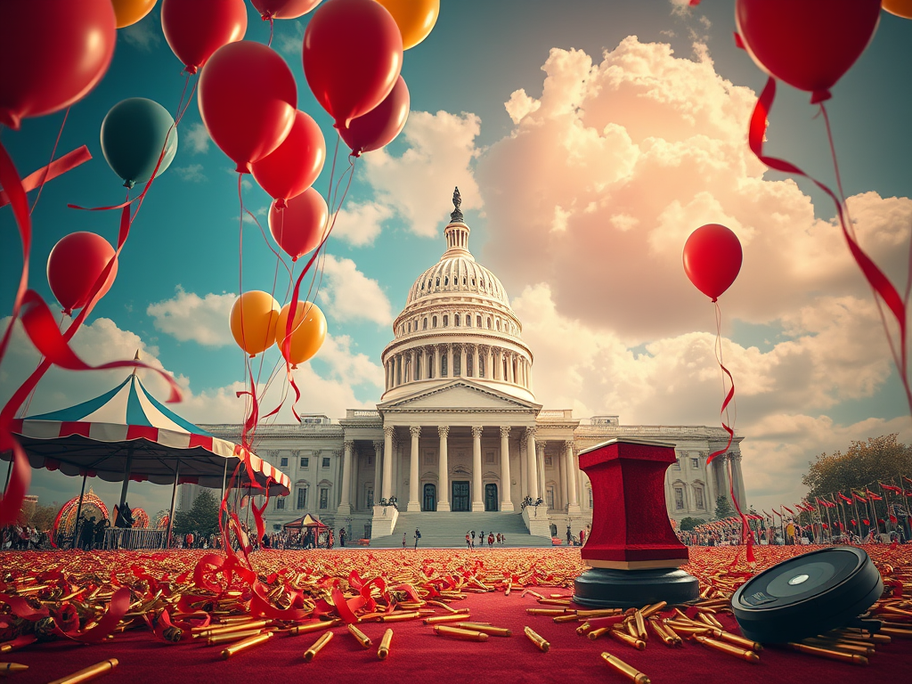Capitol dome with velvet podium and gold pens, visual satire of 2025 election spectacle.