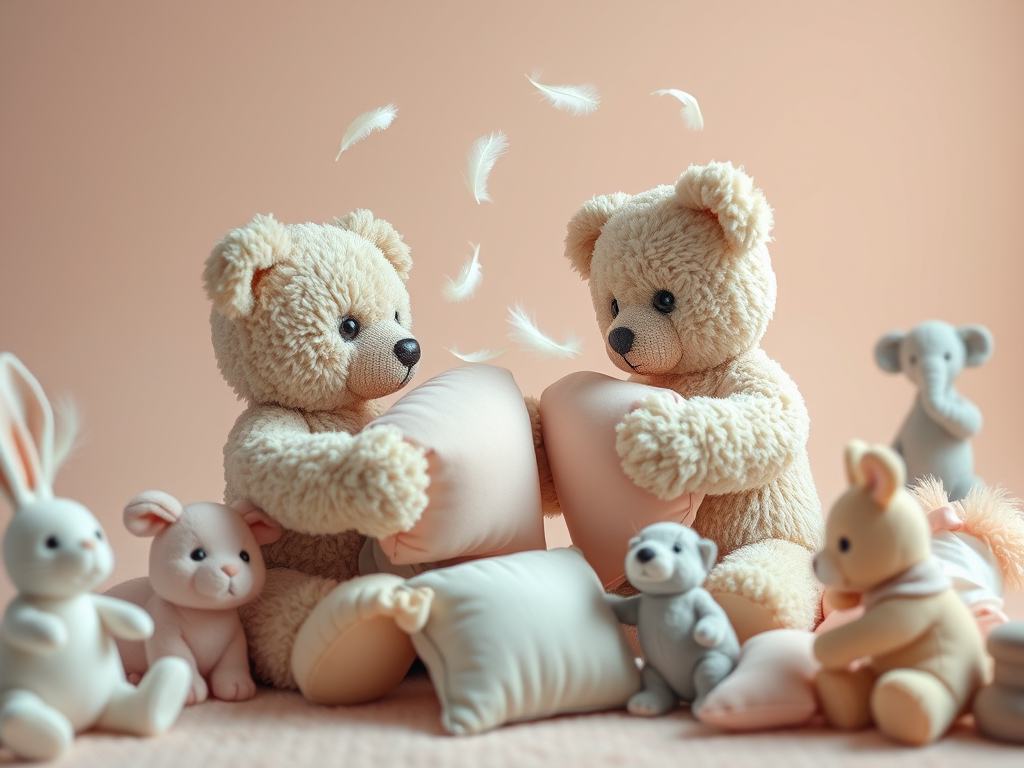 Two fluffy teddy bears playfully hold a soft pillow between them, surrounded by various stuffed animals like rabbits and an elephant, with feathers floating in the air against a pastel background.