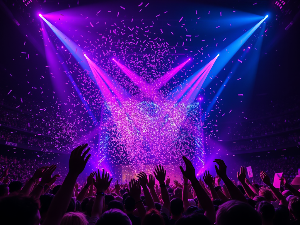 A vibrant concert scene with colorful lights in shades of purple and blue, illuminating a crowd of excited fans with their hands raised, celebrating amidst falling confetti.