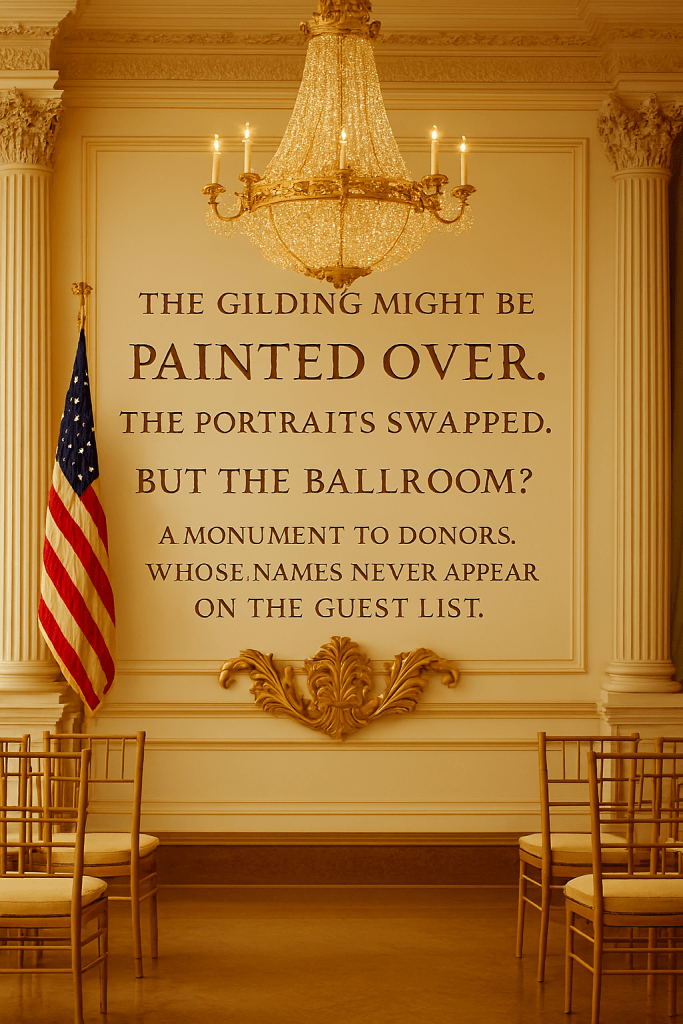 The image visually reinforces the post’s theme: Trump’s use of gold and luxury to reshape presidential spaces into personal showcases. It highlights how decor choices reflect branding, permanence, and influence.