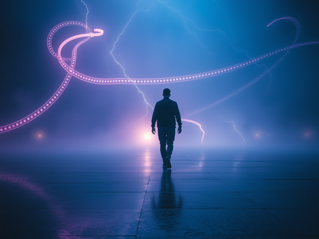 Val Kilmer tribute image showing a lone figure walking through shifting light in blues, purples, and silver, surrounded by glowing film reels symbolizing emotional depth and character evolution.