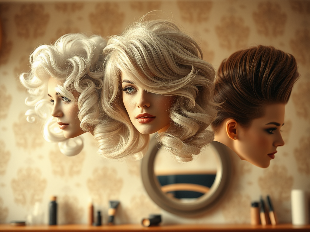 Three stylized mannequin heads displaying iconic hairstyles: one with glamorous platinum curls, one with classic wavy locks, and one with a sleek, modern pompadour, set against a vintage-inspired background.