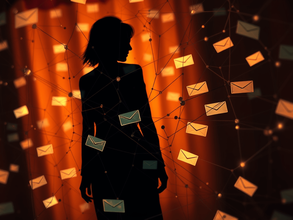Silhouette of a woman against an orange backdrop, surrounded by a digital network of envelope icons representing emails.